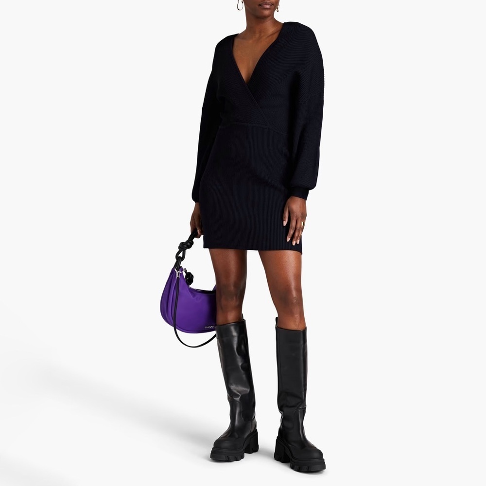 NWT Ganni Panel mini dress in dark navy Wrap long sleeves